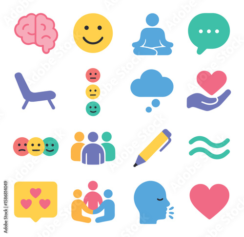 Mental wellness icon collection. simple mindfulness, meditation, self-care symbols. brain, meditation, heart, relaxation