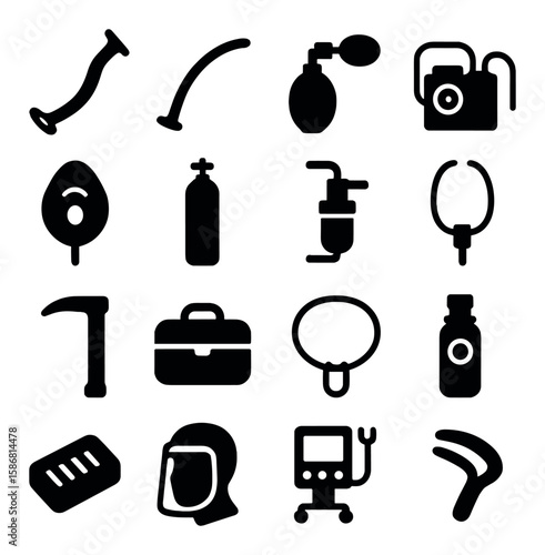 Airway management icon collection. medical equipment silhouette: tube, bag, mask, monitor