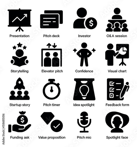 Startup icon collection. business growth silhouette icons: presentation, investor, funding, more