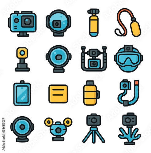 Underwater camera gear icon collection. simple icons: camera, housing, lens, tripod, dive, snorkel