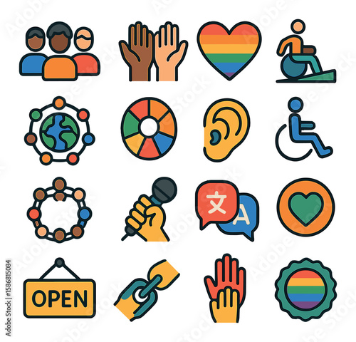 Inclusive giving icon collection. simple linear icons: diversity, support, love, accessibility