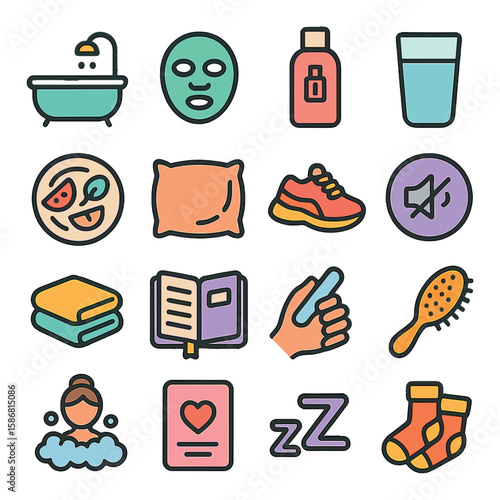 Self care icon collection. simple flat wellness icons: bath, facial, bottle, food, pillow, shoe, towel, book, comb, sleep, socks, relaxation