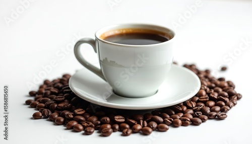 White cup filled with dark coffee sits on saucer in scattered roasted coffee beans. Isolated on clean white background, this image captures morning caffeine boost, breakfast ritual, rich aroma.