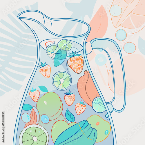 Colorful pitcher with mixed fruits and refreshing drink inside  