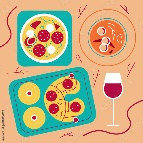 Colorful food platter with pizza, pasta, and wine on textured background  