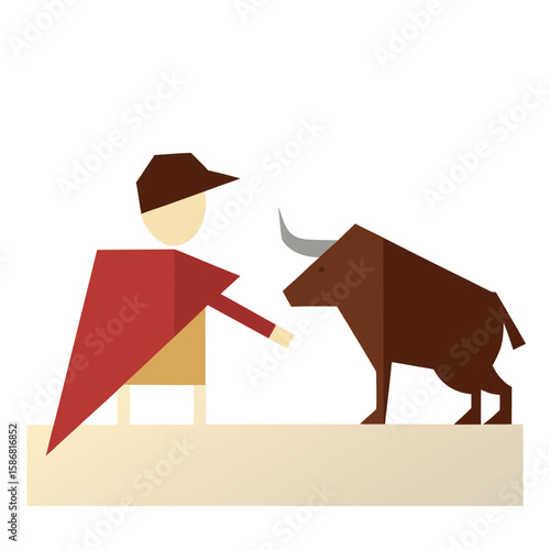Stylized matador interacting with a bull in flat design  