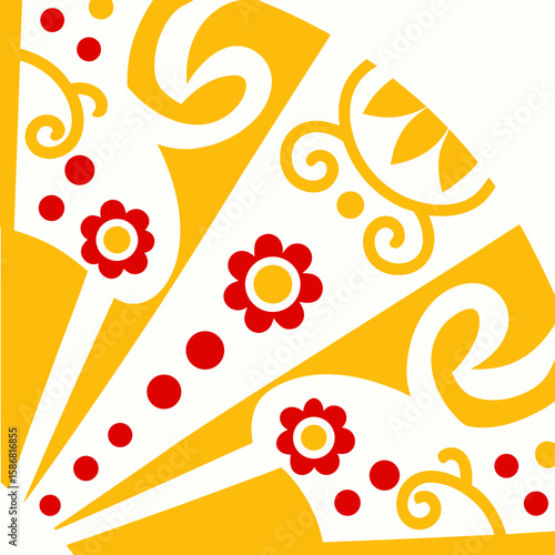 Decorative yellow fan with red floral patterns and swirls  