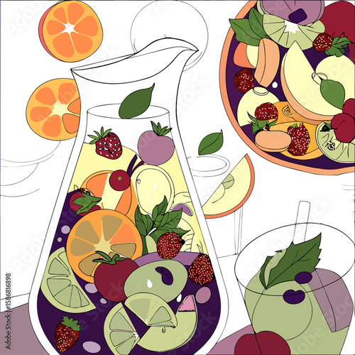 Colorful fruit-infused water in a glass pitcher with berries  