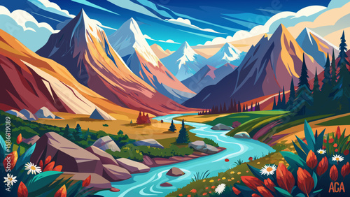 Ala-Archa National Park, Chüy Region, Kyrgyzstan – Jagged white mountains contrast with alpine meadows. Flowing rivers and wildflowers add natural color, forming a classic mountainous vector ready for