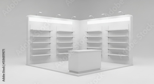 Empty white exhibition stand, showcasing shelves and a counter,  in a neutral studio setting.