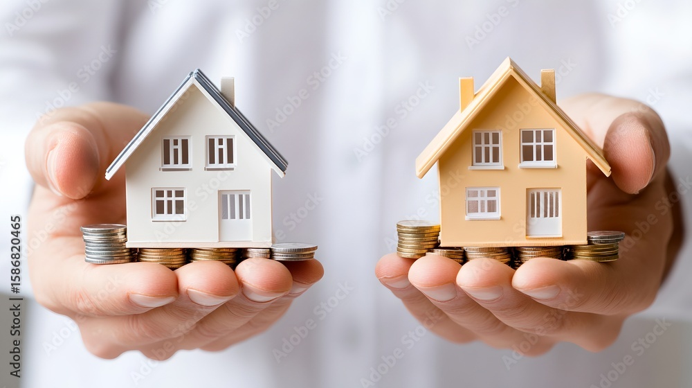 A person s hands carefully holding and comparing two small model houses representing different real estate investment opportunities A person s hands carefully holding and comparing two small model houses representing different real estate investment opportunities
