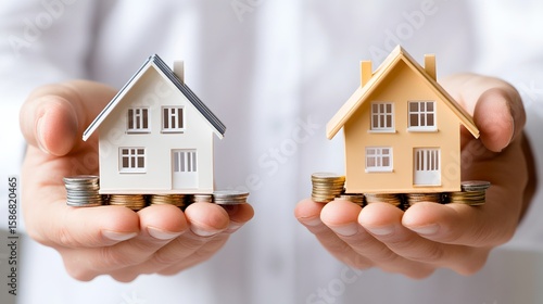 A person s hands carefully holding and comparing two small model houses representing different real estate investment opportunities