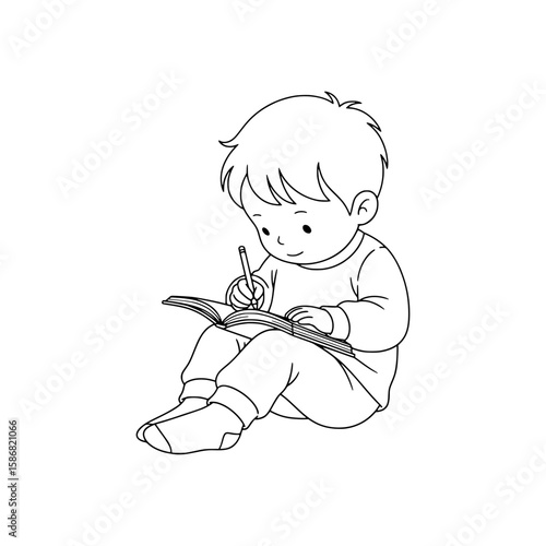 Outline Vector of Boy Sitting and Writing in a Notebook