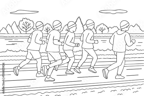 Coloring page of a group of people jogging outdoors on a path through a park landscape.