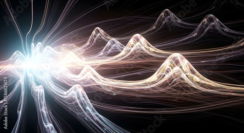 Abstract Glowing Light Peaks and Waves on Dark Background - Data Visualization Energy Flow
