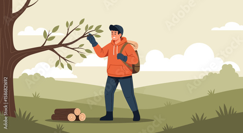 Young Man Preparing Camping Site Picking Up Branches in The Woods Illustration
