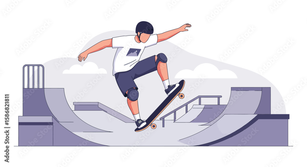 Fototapeta premium Skateboarder Performing Trick in Skatepark Vector Illustration Flat Design Style.