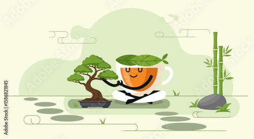 Zen Tea Time Serenity A Cup of Calm with Bonsai and Bamboo Backdrop