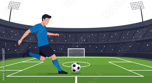 Soccer Player Kicking Ball in Stadium Vector Illustration Sport Concept.