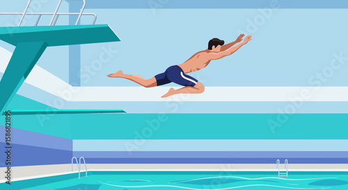 Divers Plunge: Dynamic Vector Illustration of a Man Diving into a Pool.