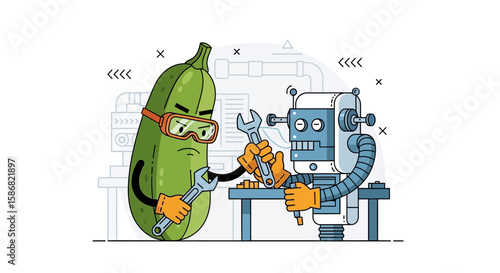 Zucchini The Mechanic And Robot Working Together Cartoon Character Vector Design