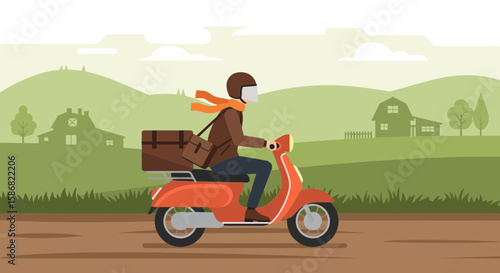 Stylish Trip Illustration With A Motor Scooter And Peaceful Landscape
