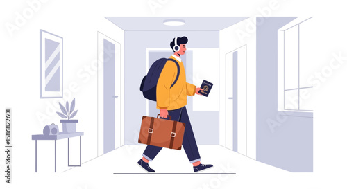 Young Traveler Ready For Adventures Abroad Wearing Headphones And Holding Passport