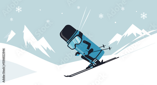 Stylized Skiing Illustration With Geometric Mountains And Falling Snowflakes