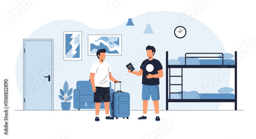 Young Travelers Arriving At Hostel Dormitory For Backpacking Vacation Adventure