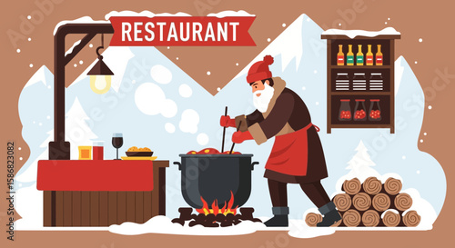 Winter Restaurant Scene Chef Preparing Food On Snowy Mountain Backdrop