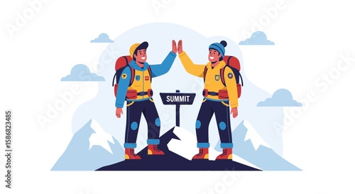 Successful Mountain Climbers Celebrate Reaching The Summit With High Five Gesture