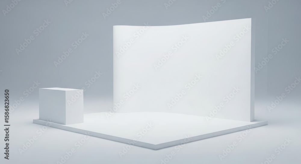 Fototapeta premium A minimalist white exhibition stand with a curved backdrop and a small cube, set against a neutral background.