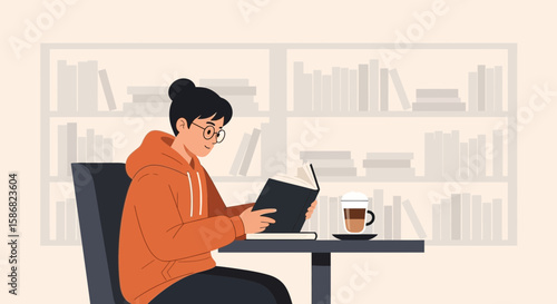 Young Woman Enjoying Quiet Time Reading a Book with Coffee at Home