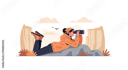 Woman Adventurer Observing Nature Through Binoculars At Rocky Landscape Spot