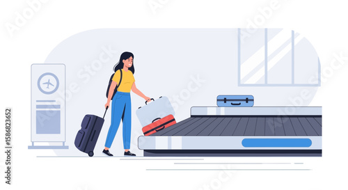 Woman Arriving At Destination Collecting Luggage From Conveyor Belt In Airport