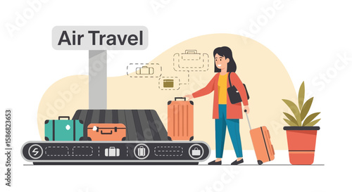 Woman Arriving At Airport With Luggage On Conveyor Belt Ready To Travel