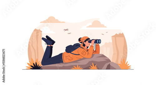 Young Woman Exploring Nature With Binoculars On A Rock Amidst Mountain Vista