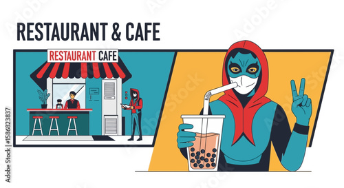 Superhero Drinks Bubble Tea While Social Distancing At Restaurant