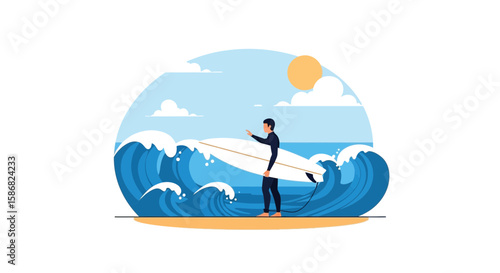 Surfer Watching Ocean Waves Getting Ready For Water Sport Adventure Activity