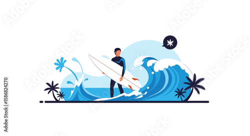 Surfer With Surfboard Illustration With Palm Trees And Blue Ocean Waves
