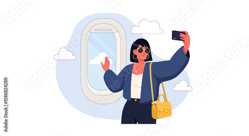 Woman Capturing Travel Memories On An Airplane With Her Smartphone