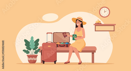 Young Woman Sitting On Bench With Luggage Holding Passport And Plane Ticket