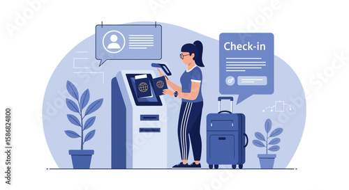 Woman Checks In At Airport Self Service Kiosk Before Vacation Flight
