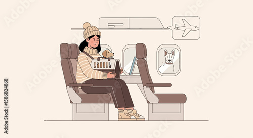 Young Woman Traveling with Her Dog on an Airplane, Pet-Friendly Airline Concept
