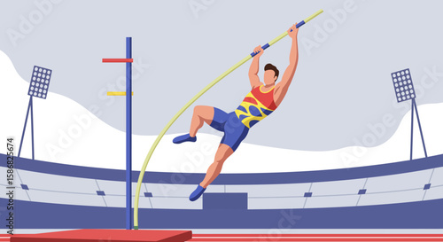 Vector Illustration of Pole Vaulter in Action at Stadium Colorful Design.