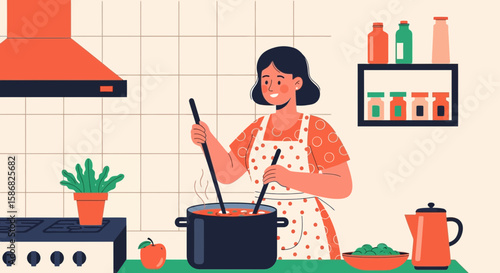 Woman Cooking Delicious Homemade Meal In The Kitchen In A Modern Design Style