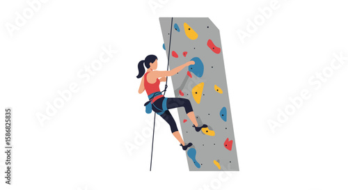Woman Ascending Indoor Climbing Wall with Colorful Holds Isolated on White.