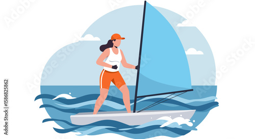 Woman Sailing on a Calm Sea Flat Vector Illustration.