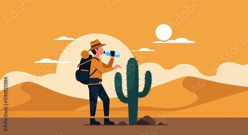 Thirsty Hiker Drinking Water In The Desert Heat On A Hot Day