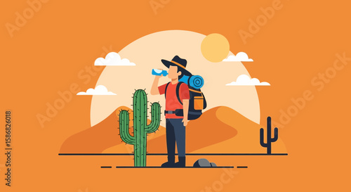 Thirsty Hiker Drinks Water Bottle in Desert Landscape Illustration